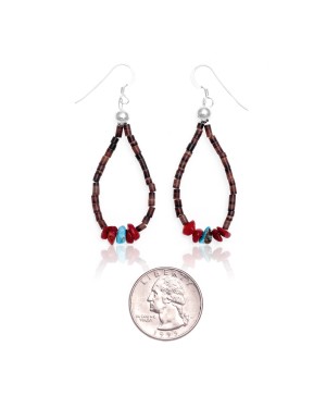 Natural Turquoise and Coral .925 Sterling Silver Hooks Certified Authentic Navajo Native American Hoop Dangle Earrings 18337