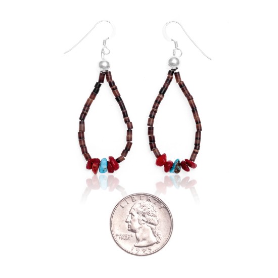 Natural Turquoise and Coral .925 Sterling Silver Hooks Certified Authentic Navajo Native American Hoop Dangle Earrings 18337