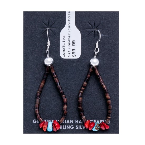 Natural Turquoise and Coral .925 Sterling Silver Hooks Certified Authentic Navajo Native American Hoop Dangle Earrings 18337