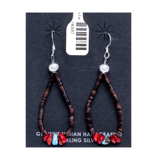 Natural Turquoise and Coral .925 Sterling Silver Hooks Certified Authentic Navajo Native American Hoop Dangle Earrings 18337