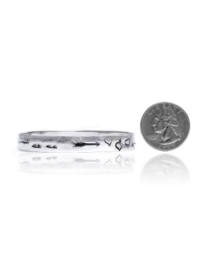 Heart Arrow Feather Sun .925 Sterling Silver Certified Authentic Hopi Handmade Native American Bangle Bracelet 22215