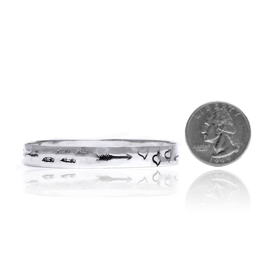 Heart Arrow Feather Sun .925 Sterling Silver Certified Authentic Hopi Handmade Native American Bangle Bracelet 22215 Heart Arrow Feather Sun .925 Sterling Silver Certified Authentic Hopi Handmade Native American Bangle Bracelet 22215