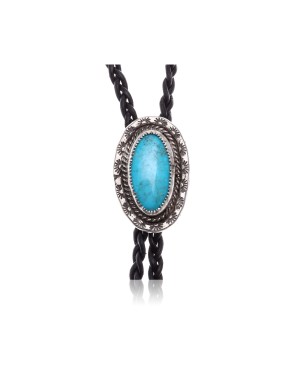 .925 Sterling Silver Certified Authentic Handmade Navajo Native American Natural Turquoise Bolo Tie  24383