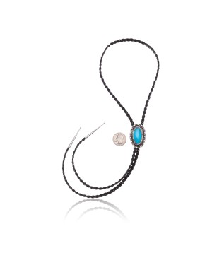.925 Sterling Silver Certified Authentic Handmade Navajo Native American Natural Turquoise Bolo Tie  24383