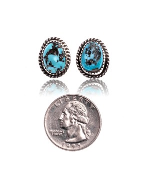 Natural Turquoise .925 Sterling Silver Hooks Certified Authentic Navajo Native American Handmade Stud Earrings 24391-1