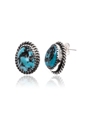 Natural Turquoise .925 Sterling Silver Hooks Certified Authentic Navajo Native American Handmade Stud Earrings 24391-1