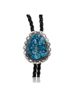  Natural Turquoise .925 Sterling Silver Certified Authentic Navajo Native American Handmade Bolo Tie 24480
