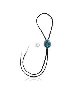  Natural Turquoise .925 Sterling Silver Certified Authentic Navajo Native American Handmade Bolo Tie 24480
