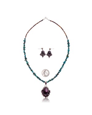 Natural Turquoise Purple Spiny Oyster .925 Sterling Silver Certified Authentic Navajo Native American Handmade Pendant Earnings Set 24519-15222-18198-10