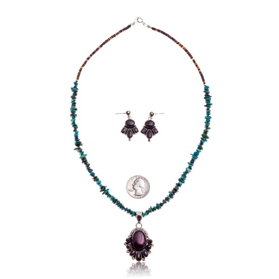 Natural Turquoise Purple Spiny Oyster .925 Sterling Silver Certified Authentic Navajo Native American Handmade Pendant Earnings Set 24519-15222-18198-10