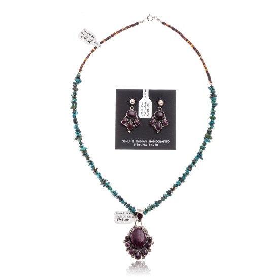 Natural Turquoise Purple Spiny Oyster .925 Sterling Silver Certified Authentic Navajo Native American Handmade Pendant Earnings Set 24519-15222-18198-10