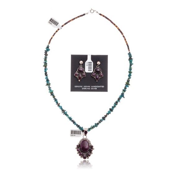 Natural Turquoise Purple Spiny Oyster .925 Sterling Silver Certified Authentic Navajo Native American Handmade Pendant Earnings Set 24519-15222-18198-10