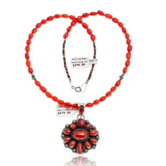 Natural Turquoise Coral Red Jasper .925 Sterling Silver Navajo Native American Necklace 24520-17029 Natural Turquoise Coral Red Jasper .925 Sterling Silver Navajo Native American Necklace 24520-17029