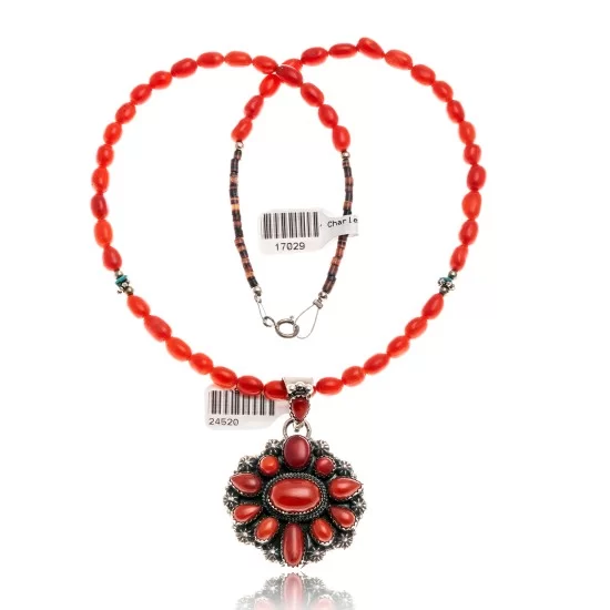Natural Turquoise Coral Red Jasper .925 Sterling Silver Navajo Native American Necklace 24520-17029 Natural Turquoise Coral Red Jasper .925 Sterling Silver Navajo Native American Necklace 24520-17029