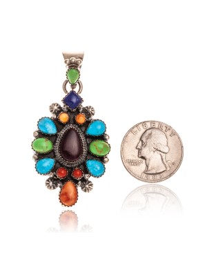Natural Turquoise Multicolor Stone .925 Starling Silver Certified Authentic Navajo Native American Handmade Pendant 24522 Natural Turquoise Multicolor Stone .925 Starling Silver Certified Authentic Navajo Native American Handmade Pendant 24522