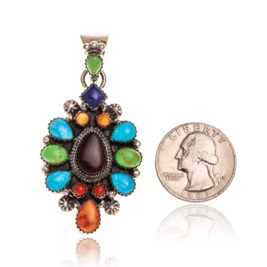 Natural Turquoise Multicolor Stone .925 Starling Silver Navajo Native American Handmade Pendant 24522 Natural Turquoise Multicolor Stone .925 Starling Silver Navajo Native American Handmade Pendant 24522