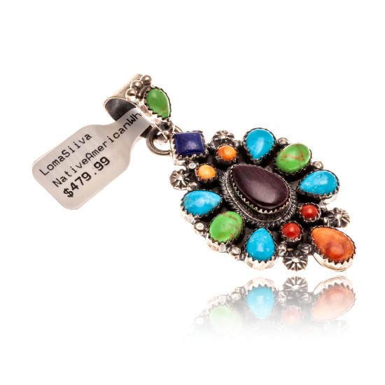 Natural Turquoise Multicolor Stone .925 Starling Silver Certified Authentic Navajo Native American Handmade Pendant 24522 Natural Turquoise Multicolor Stone .925 Starling Silver Certified Authentic Navajo Native American Handmade Pendant 24522