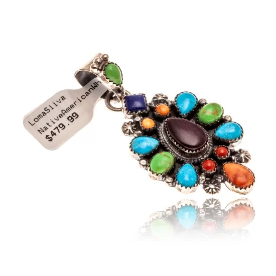 Natural Turquoise Multicolor Stone .925 Starling Silver Navajo Native American Handmade Pendant 24522 Natural Turquoise Multicolor Stone .925 Starling Silver Navajo Native American Handmade Pendant 24522