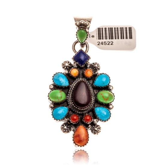 Natural Turquoise Multicolor Stone .925 Starling Silver Certified Authentic Navajo Native American Handmade Pendant 24522 Natural Turquoise Multicolor Stone .925 Starling Silver Certified Authentic Navajo Native American Handmade Pendant 24522