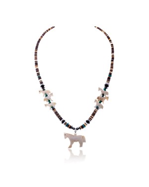 Carved Horse .925 Sterling Silver Certified Authentic Navajo Native American Natural Turquoise Graduated Melon Shell Alabaster Hematite Necklace 25227-2