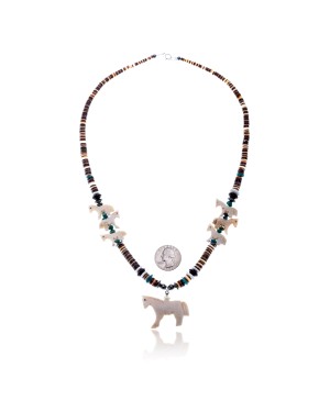 Carved Horse .925 Sterling Silver Certified Authentic Navajo Native American Natural Turquoise Graduated Melon Shell Alabaster Hematite Necklace 25227-2