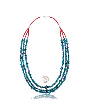 Natural Turquoise and Amethyst and Coral .925 Sterling Silver Certified Authentic Navajo Native American 3 Strand Necklace 25248