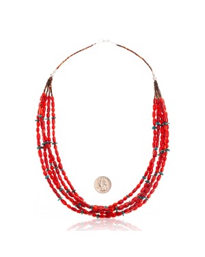 Natural Turquoise and Coral .925 Sterling Silver Certified Authentic Navajo Native American 5 Strand Necklace  25278-0