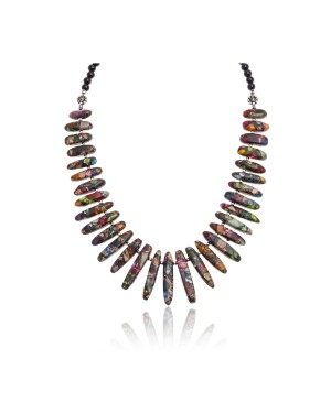 .925 Sterling Silver Certified Authentic Navajo Native American Multicolor Mosaic Necklace 25287-1