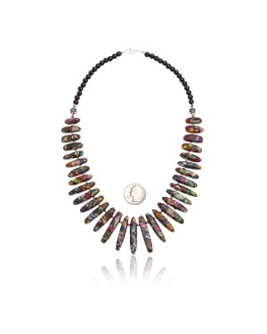 .925 Sterling Silver Certified Authentic Navajo Native American Multicolor Mosaic Necklace 25287-1
