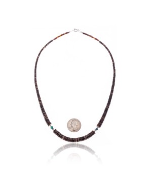.925 Sterling Silver Certified Authentic Navajo Native American Natural Turquoise Graduated Heishi Necklace 25496