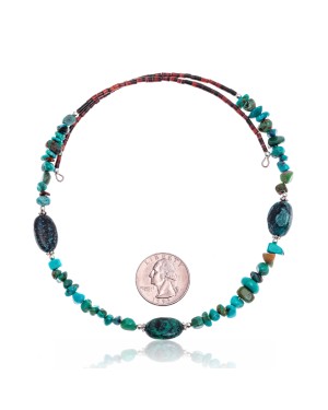 Natural Turquoise Certified Authentic Navajo Native American Adjustable 3 Stone Choker Wrap Necklace 25498