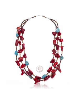 Natural Turquoise, Coral .925 Sterling Silver Certified Authentic Navajo Native American 3 Strand Necklace 25507