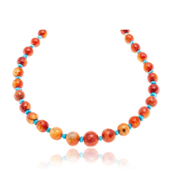 Limited Edition Natural Turquoise and Apple Sponge Coral .925 Sterling Silver Certified Authentic Navajo Native American Necklace 25509 Limited Edition Natural Turquoise and Apple Sponge Coral .925 Sterling Silver Certified Authentic Navajo Native American Necklace 25509