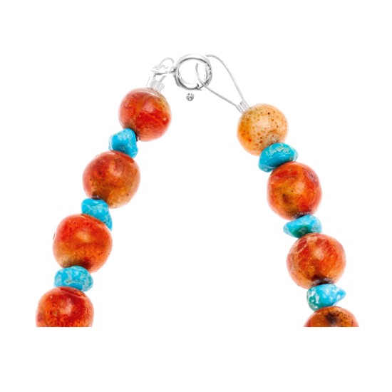 Limited Edition Natural Turquoise and Apple Sponge Coral .925 Sterling Silver Certified Authentic Navajo Native American Necklace 25509 Limited Edition Natural Turquoise and Apple Sponge Coral .925 Sterling Silver Certified Authentic Navajo Native American Necklace 25509