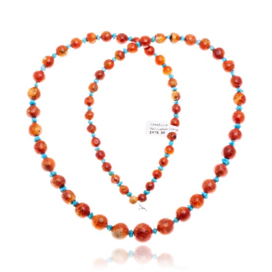 Limited Edition Natural Turquoise and Apple Sponge Coral .925 Sterling Silver Certified Authentic Navajo Native American Necklace 25509 Limited Edition Natural Turquoise and Apple Sponge Coral .925 Sterling Silver Certified Authentic Navajo Native American Necklace 25509