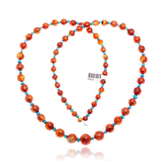 Limited Edition Natural Turquoise and Apple Sponge Coral .925 Sterling Silver Certified Authentic Navajo Native American Necklace 25509 Limited Edition Natural Turquoise and Apple Sponge Coral .925 Sterling Silver Certified Authentic Navajo Native American Necklace 25509