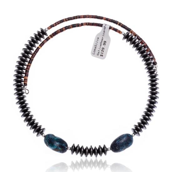 Natural Turquoise and Hematite Certified Authentic Navajo Native American Adjustable Choker Wrap Necklace and Chain 25560 Natural Turquoise and Hematite Certified Authentic Navajo Native American Adjustable Choker Wrap Necklace and Chain 25560