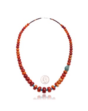 Limited Edition Natural Turquoise and Apple Sponge Coral .925 Sterling Silver Certified Authentic Navajo Native American Necklace 25570 Limited Edition Natural Turquoise and Apple Sponge Coral .925 Sterling Silver Certified Authentic Navajo Native American Necklace 25570