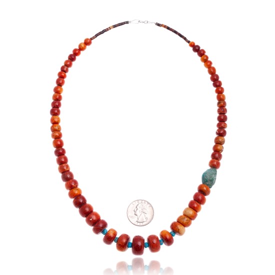 Limited Edition Natural Turquoise and Apple Sponge Coral .925 Sterling Silver Certified Authentic Navajo Native American Necklace 25570 Limited Edition Natural Turquoise and Apple Sponge Coral .925 Sterling Silver Certified Authentic Navajo Native American Necklace 25570