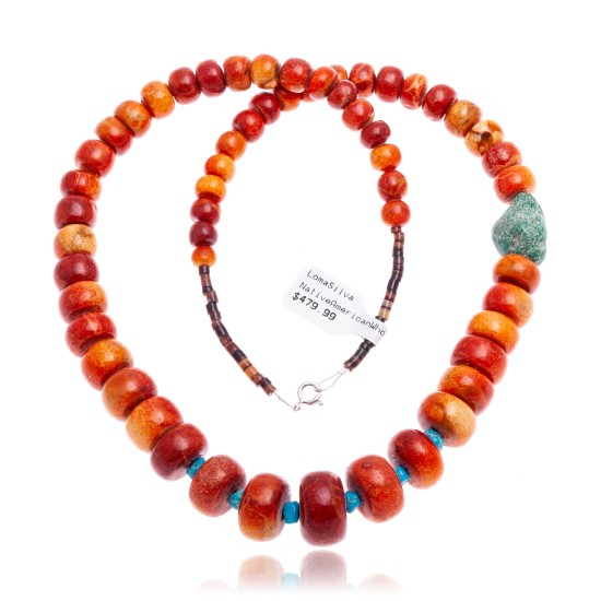 Limited Edition Natural Turquoise and Apple Sponge Coral .925 Sterling Silver Certified Authentic Navajo Native American Necklace 25570 Limited Edition Natural Turquoise and Apple Sponge Coral .925 Sterling Silver Certified Authentic Navajo Native American Necklace 25570