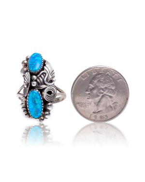 Flower and Leaf Blue Opal .925 Sterling Silver Certified Authentic Navajo Native American Handmade Ring Size 7 1/2 26205-10