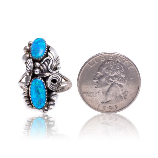 Flower and Leaf Blue Opal .925 Sterling Silver Certified Authentic Navajo Native American Handmade Ring Size 7 1/2 26205-10
