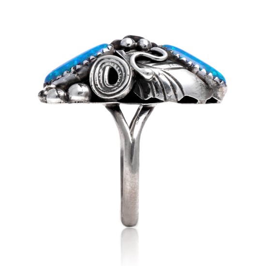 Flower and Leaf Blue Opal .925 Sterling Silver Certified Authentic Navajo Native American Handmade Ring Size 7 1/2 26205-10