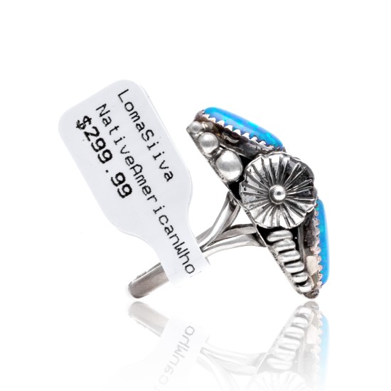 Flower and Leaf Blue Opal .925 Sterling Silver Certified Authentic Navajo Native American Handmade Ring Size 7 1/2 26205-10