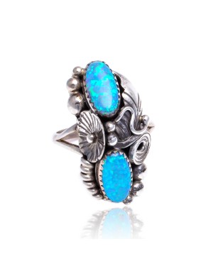 Flower and Leaf Blue Opal .925 Sterling Silver Certified Authentic Navajo Native American Handmade Ring Size 7 1/2 26205-10