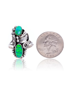 Flower and Leaf Lab Green Fire Opal Silver Certified Authentic Navajo Native American Handmade Ring 26205-2