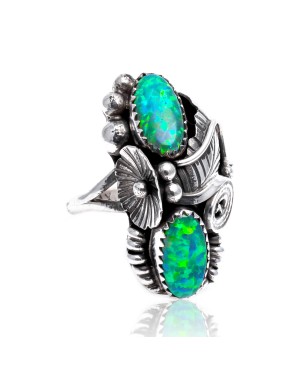 Flower and Leaf Lab Green Fire Opal Silver Certified Authentic Navajo Native American Handmade Ring 26205-2