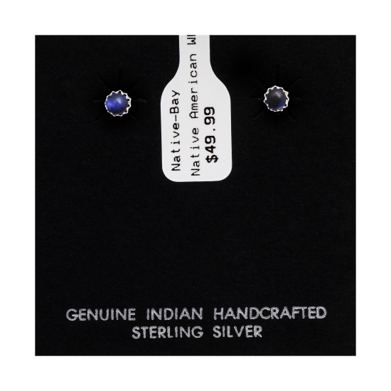Delicate Blue Pearl Opal .925 Sterling Silver Certified Authentic Navajo Native American Handmade Stud Earrings 27104-141