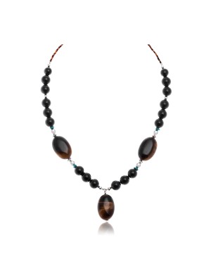 Natural Black Onyx Turquoise Tigers Eye .925 Sterling Silver Certified Authentic Navajo Native American Necklace 370847177388