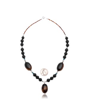 Natural Black Onyx Turquoise Tigers Eye .925 Sterling Silver Certified Authentic Navajo Native American Necklace 370847177388